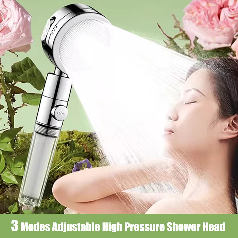 High Pressure Shower Head 3 Modes Adjustable Filtered Showerhead with Stop Button Care Skin Spray Nozzles Bathroom Accessories