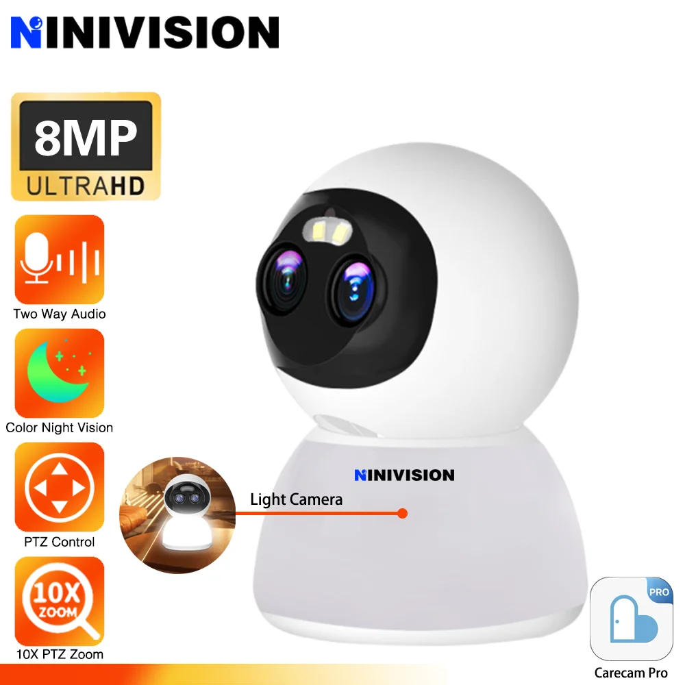 

8MP 4K Wireless WiFi PTZ IP Light Camera 360 Degree 10X Hybrid PTZ Zoom Carecam Pro Dual Lens WiFi Security Auto Tracking Camera