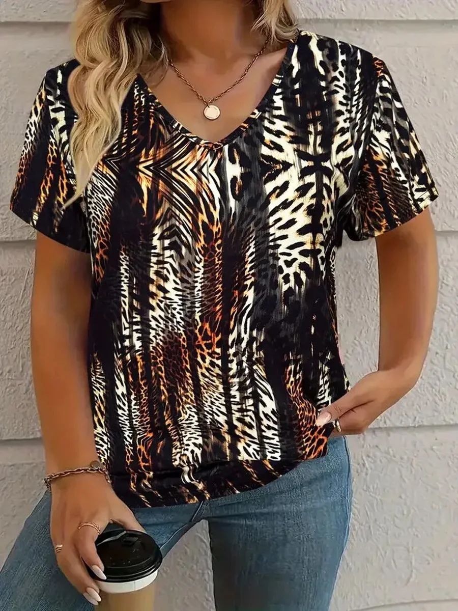 T-shirt women's summer leisure elegant v-neck short sleeve irregular leopard pattern top loose casual wear ladies T-shirt