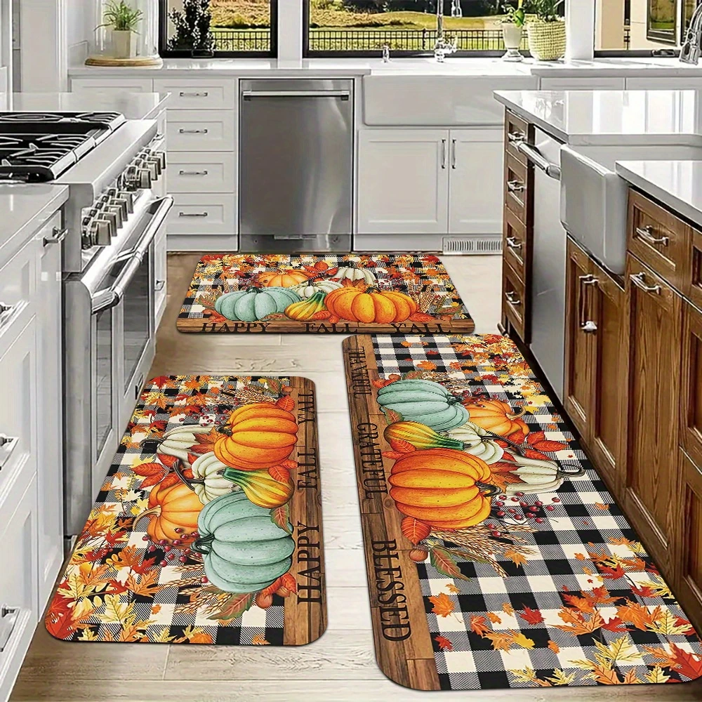 Happy Fall Yall Pumpkin Plaid Bedroom Living Room Laundry Floor Mat Entryway Area Rug Kitchen Runner Rug Modern Decor Gift