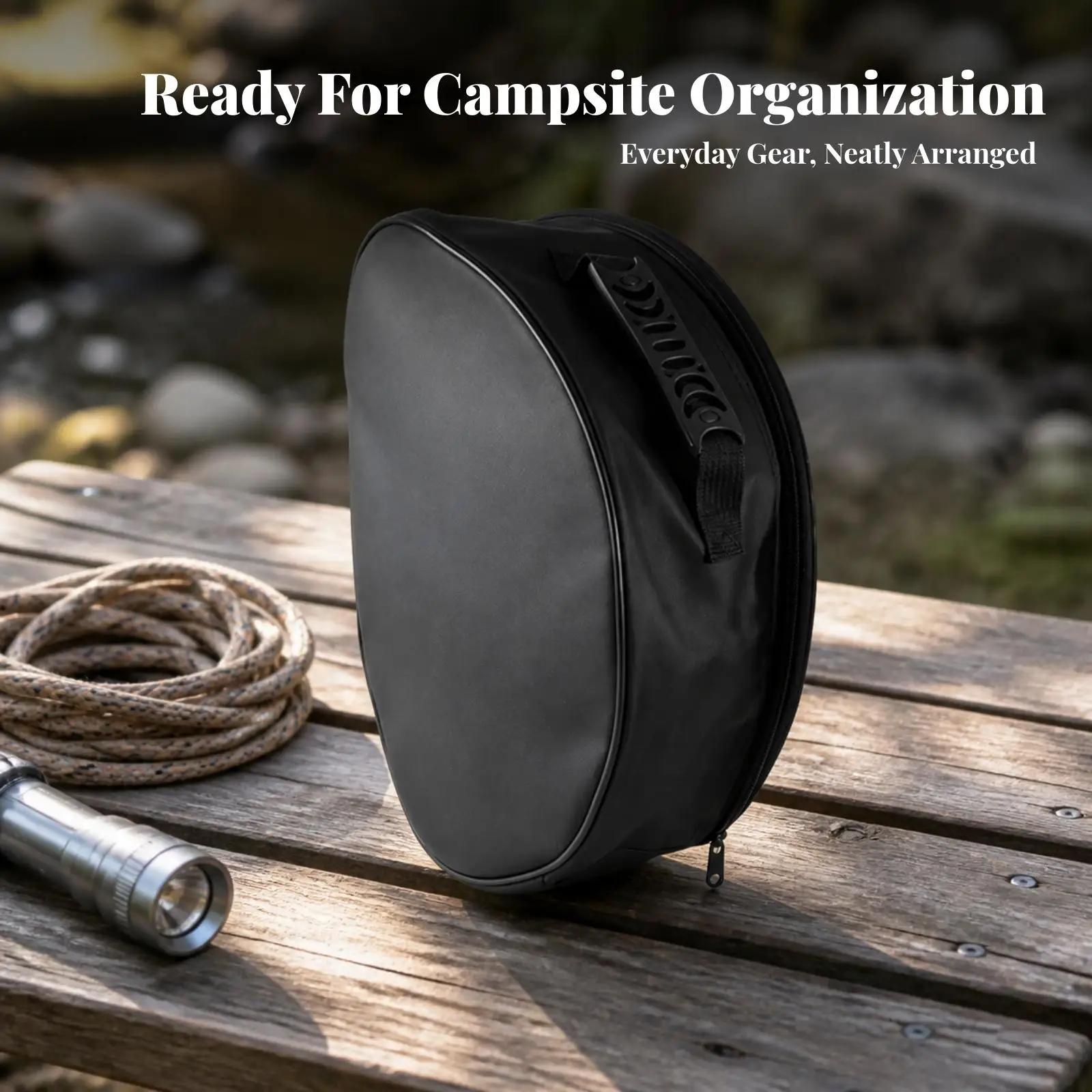 Black Oxford Cloth Storage Pouch Round Structured Zippered Bag with Comfortable Handle for Outdoor Gear Travel and Everyday Use