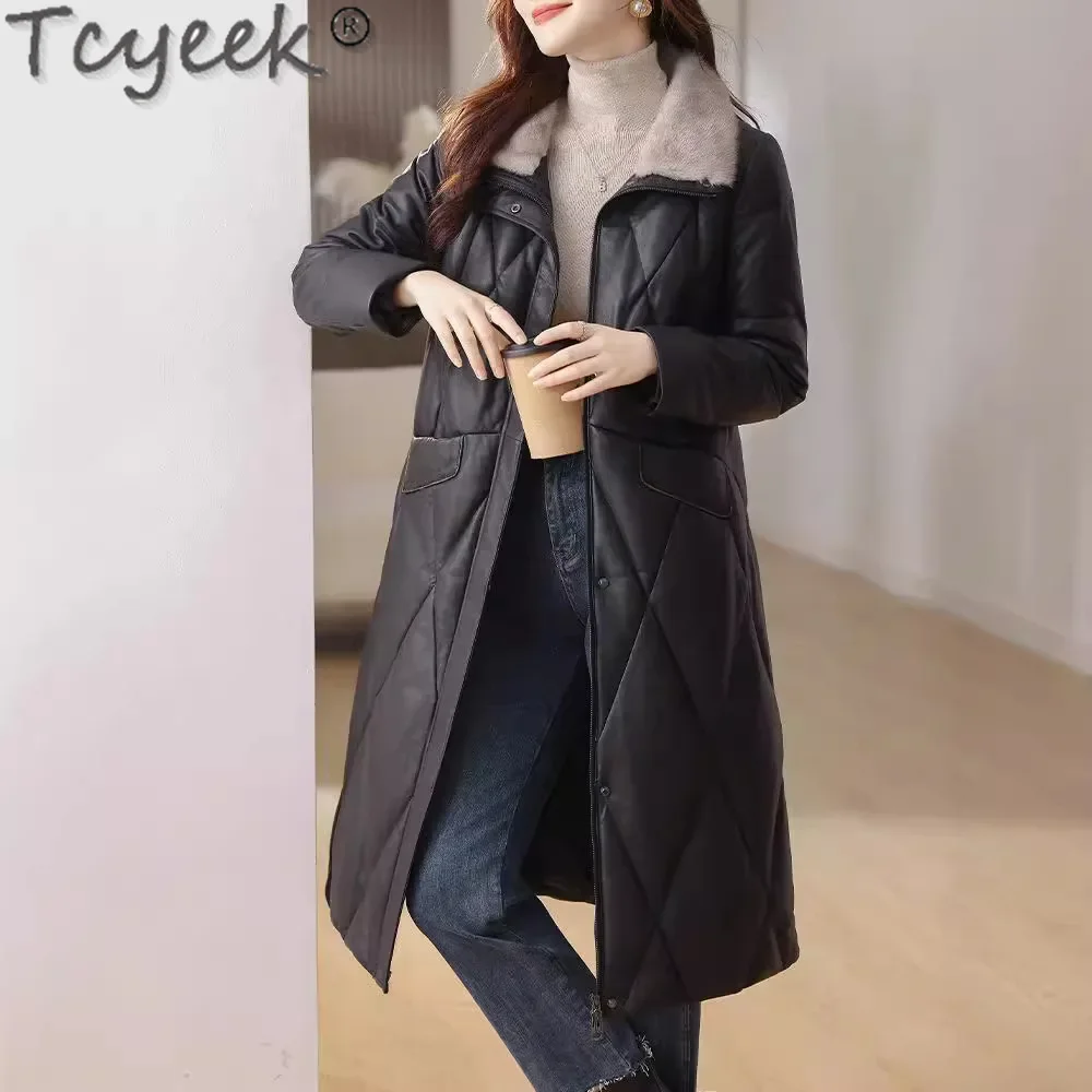 Tcyeek Genuine Leather Down Jacket Women Winter Jackets Mid-length Sheepskin Coat for Woman Clothes Warm Mink Fur Collar 2024