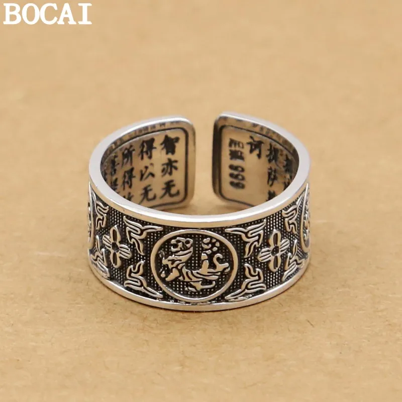 

Серебряные кольца BOCAI S999 для мужчин и женщин, в стиле ретро, с изображением четырех зверей и Сутры Сердца, новая модная коллекция, украшения из чистого серебра
