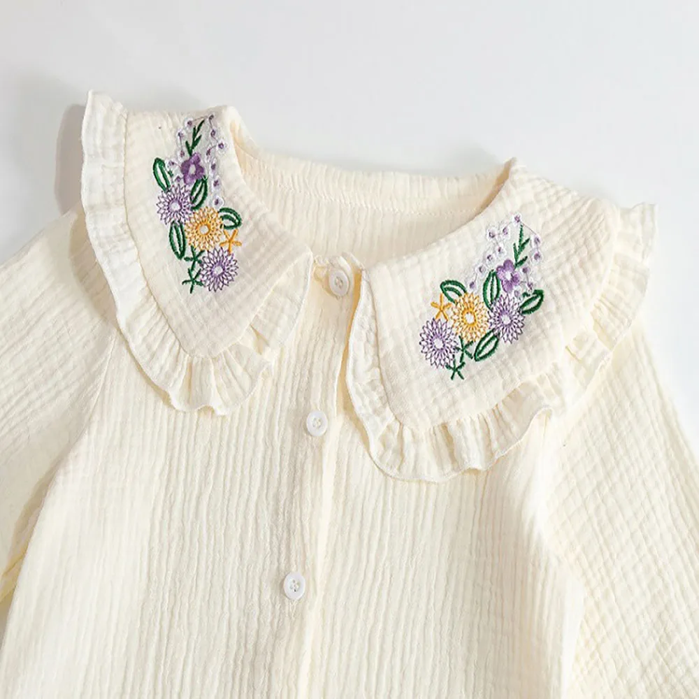 Floral Embroidery Baby Girls Shirts Spring Autumn Sweet Ruffles Peter Pan Collar Long Sleeve Shirts Kids Tops Children Clothes