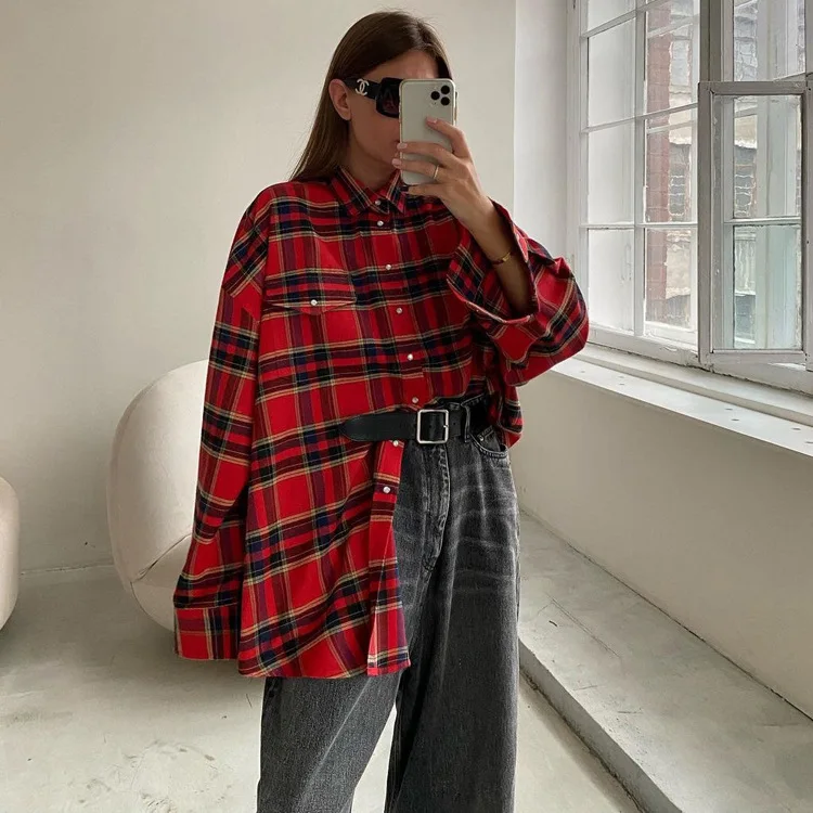 

Autumn Winter Women Vintage Oversized Blouse Long Thick Plaid Shirt Long Sleeve Ladies Loose Fit Blouse For Woman