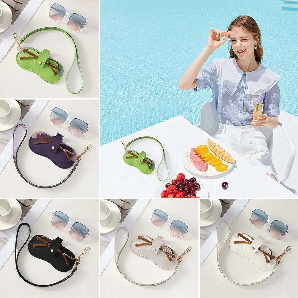 

PU Leather Sunglasses Storage Bag with Lanyard Solid Color Sunglasses Pouch Portable Durable SunGlasses Holder