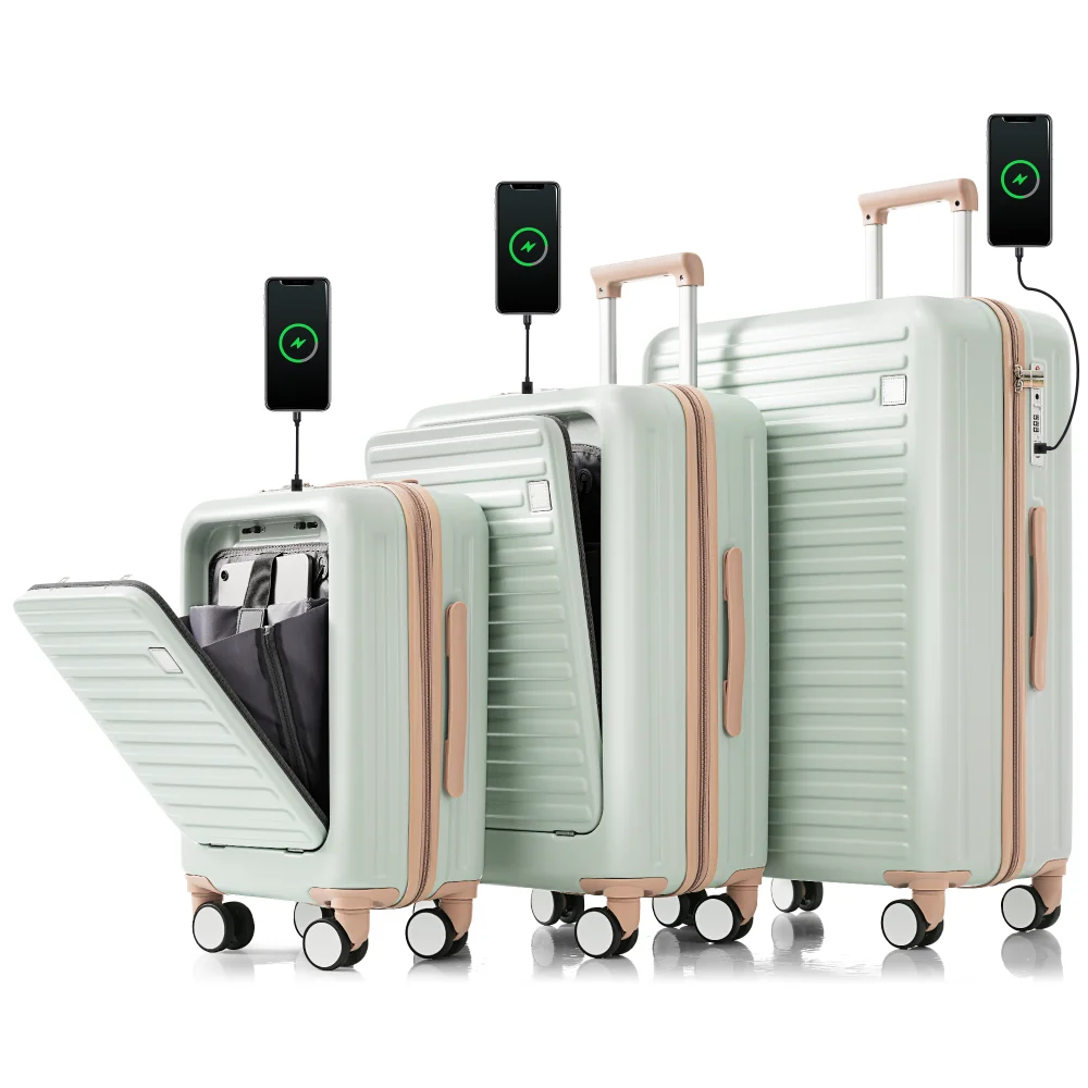 

ABS Hard Shell 3 Piece Travel Luggage Set Front Opening 20/24/28 Inch USB Port Cup Holder Spinner Wheels Airline Approved