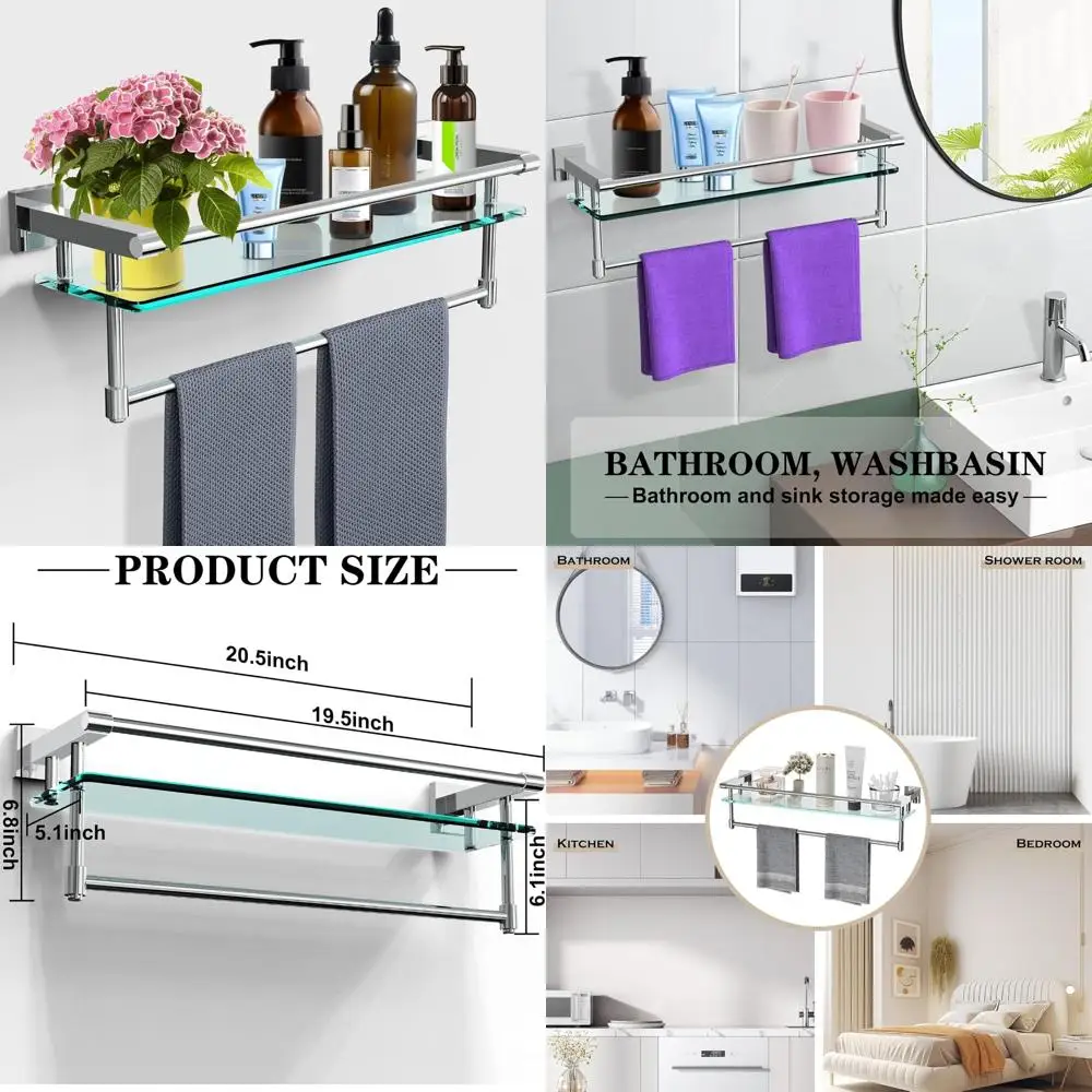 

Stainless Steel Wall-Mounted Bathroom Glass Shelf with Towel Rack Organizer for Enhanced Storage and Convenience