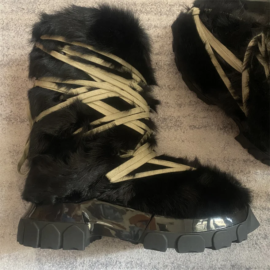High Top Quality Real Fur Comfortable Factory Men Handmade  Crazy Strap Lace Warm Snow Boots