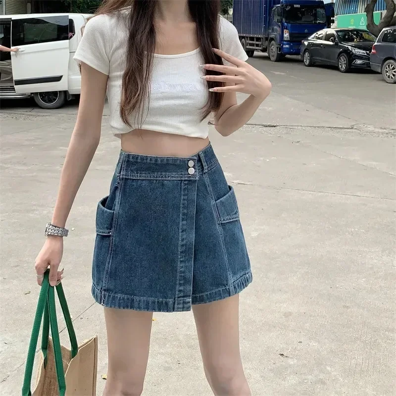 Korean Style High Waist Skirt Shorts Women 2025 New Summer Pockets Denim Shorts Woman Double Button A Line Skirt Pants Female