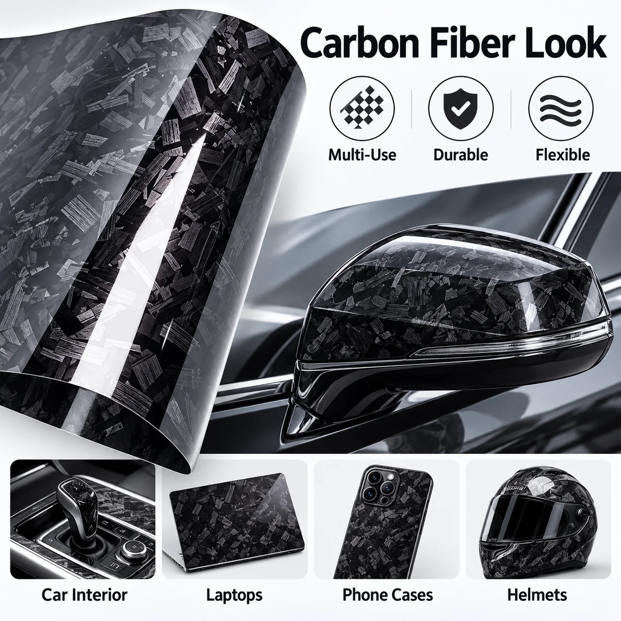 Carbon Fiber Film Glossy Black Car Body Film Forged Carbon Fiber Vinyl Wrap Film Self Adhesive Decal Sticker for Car Accessories