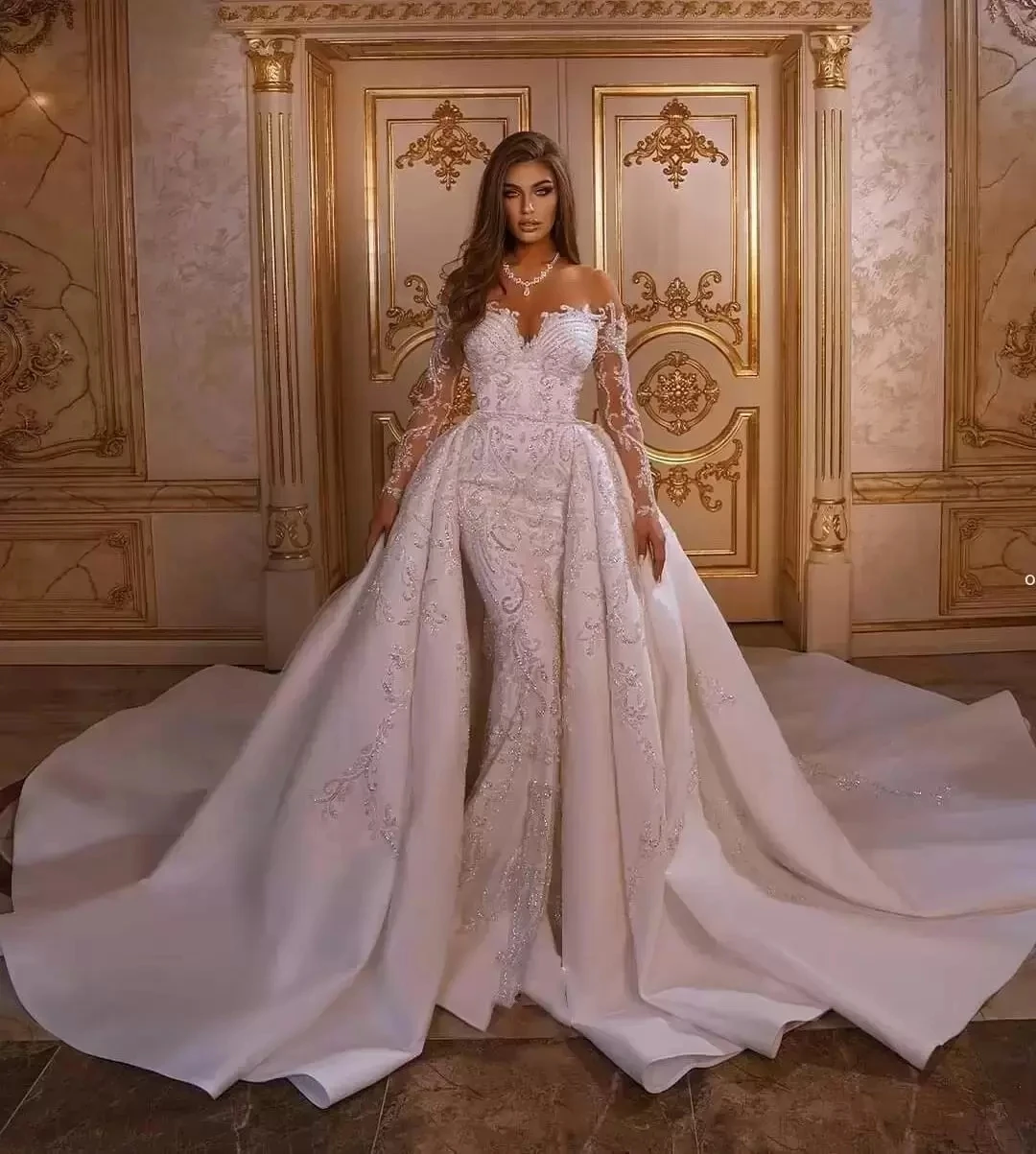 2025 vestido De novia De sirena De lujo con falda desmontable mangas largas ilusión apliques Vestidos De novia árabes Vestidos De novia