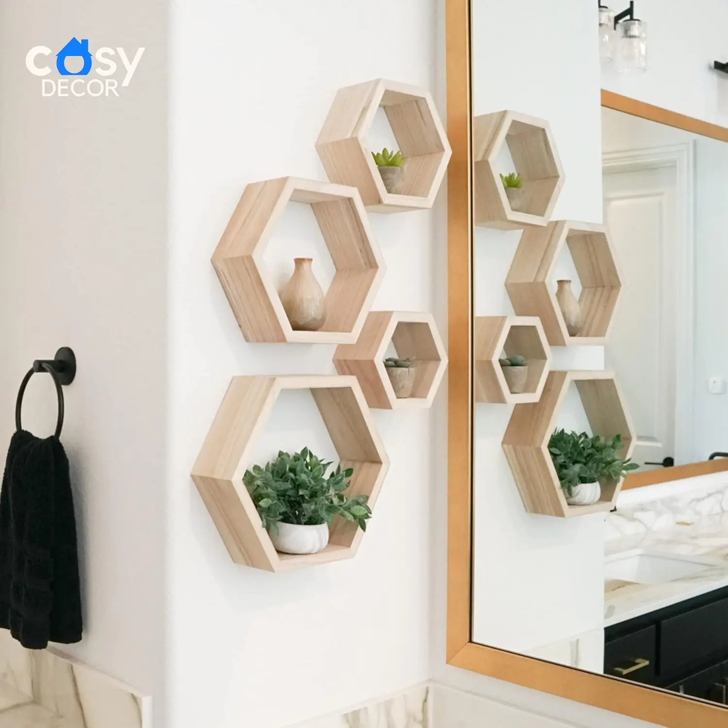 Hexagon Shelves Natural Premium Wood Floating Shelves Set of 4 Wall Shelf for Bedroom, Office, Living Room & Bathroom Farmho