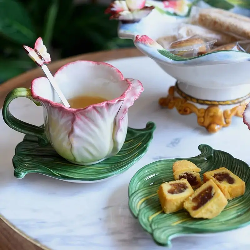 Pink Ceramic Coffee Cup Butterfly Fine Flower Shape Mug with Butterfly Spoon Afternoon Tea Flower Tea Coffee Cup Dessert Tray