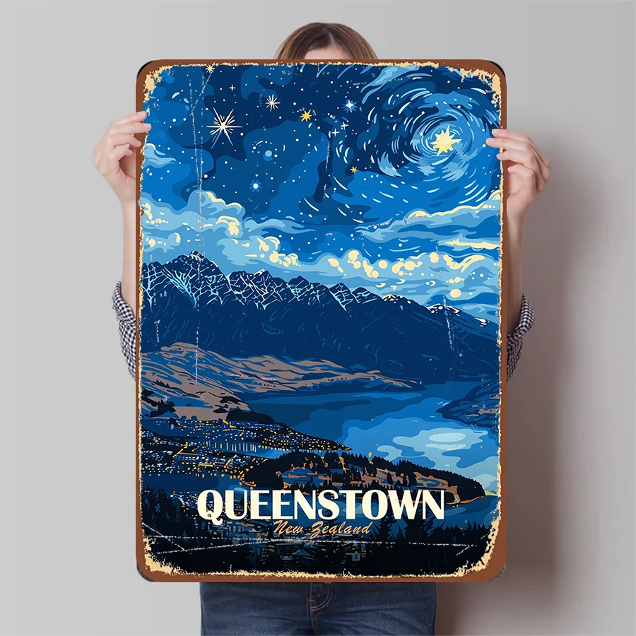 Queenstown نيوزيلندا ليلة مليئة بالنجوم الحديد اللوحة فان جوخ نمط المشهد جدار ديكور فني لغرفة المعيشة