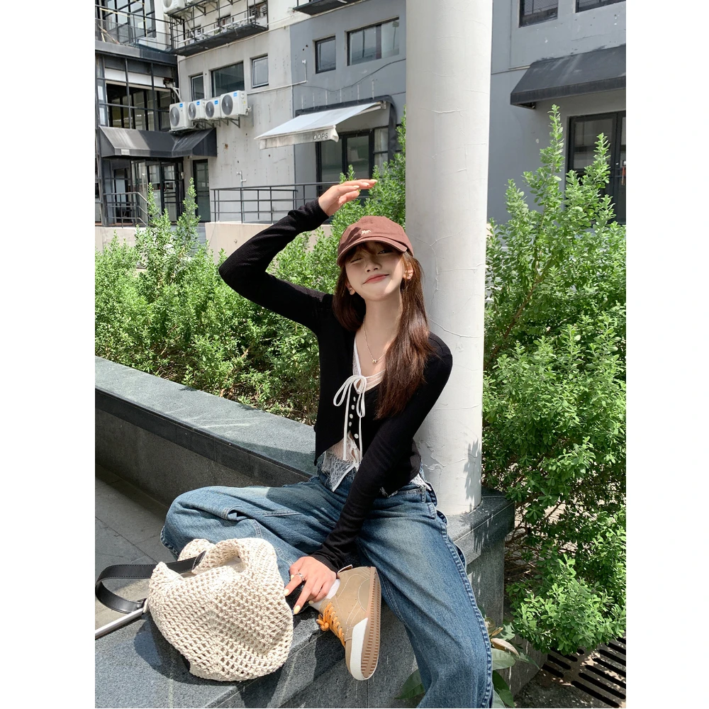 تي شيرت نسائي صيفي بأكمام طويلة من القطن بحاشية مجوفة وخفيفة الوزن سريعة الجفاف في الحرم الجامعي ملابس خروج أنيقة متعثرة حارة