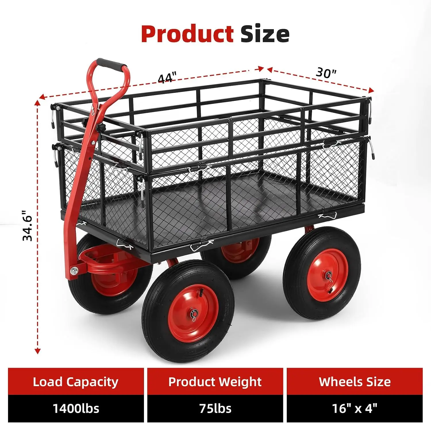 1400 lbs Steel Garden Cart, Heavy Duty Metal Yard Utility Wagon with Removable Mesh Sides, 2-in-1 180° Rotating Handle