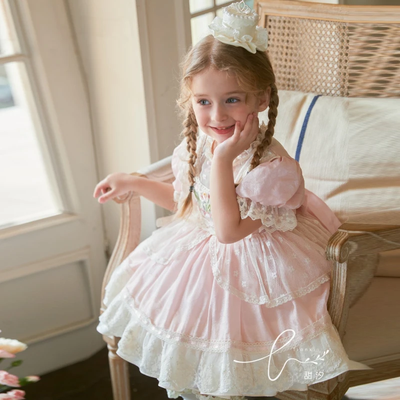 Girls Short Sleeve Lace Mesh Dress Summer New Children's Treasure Flowers Fluffy Lolita Party Wedding Christmas Dress for Kids