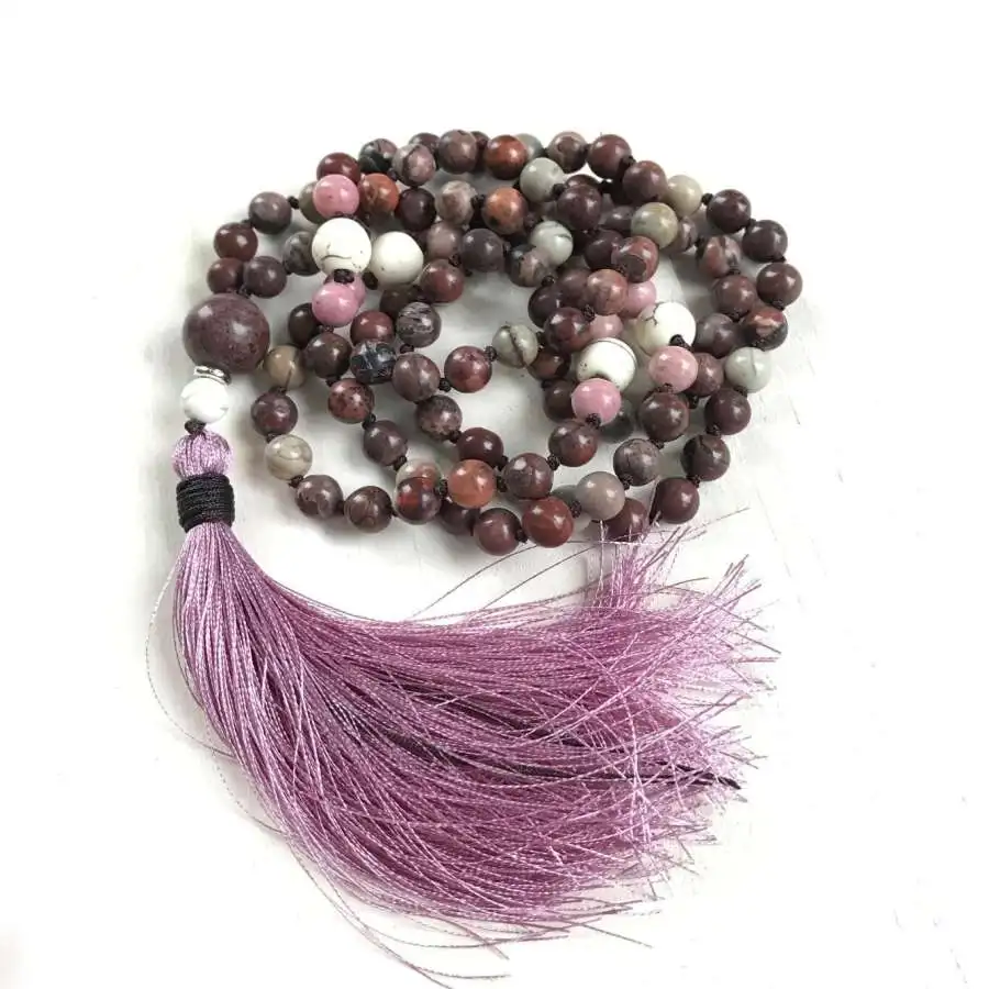 

Natural Mixed Gemstone 108 Beads Mala Necklace with Pink Tassel Healing Crystal Spiritual Jewelry