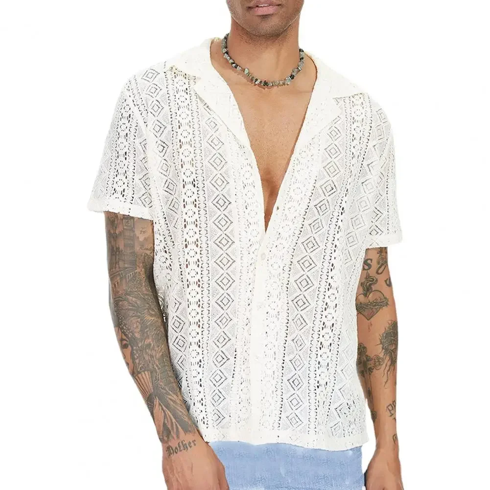 See-through Men Shirt Summer Top Hollow Out Lapel Cardigan Short Sleeves Daily Wear Loose Breathable Men T-shirt Men Clothes