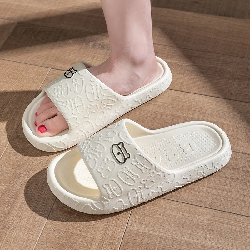 Cartoon Bear Cloud Slippers Women Men Embossed Pattern Slides Soft EVA Thick Sole Non-Slip Bathroom Shower Sandals Home Mules