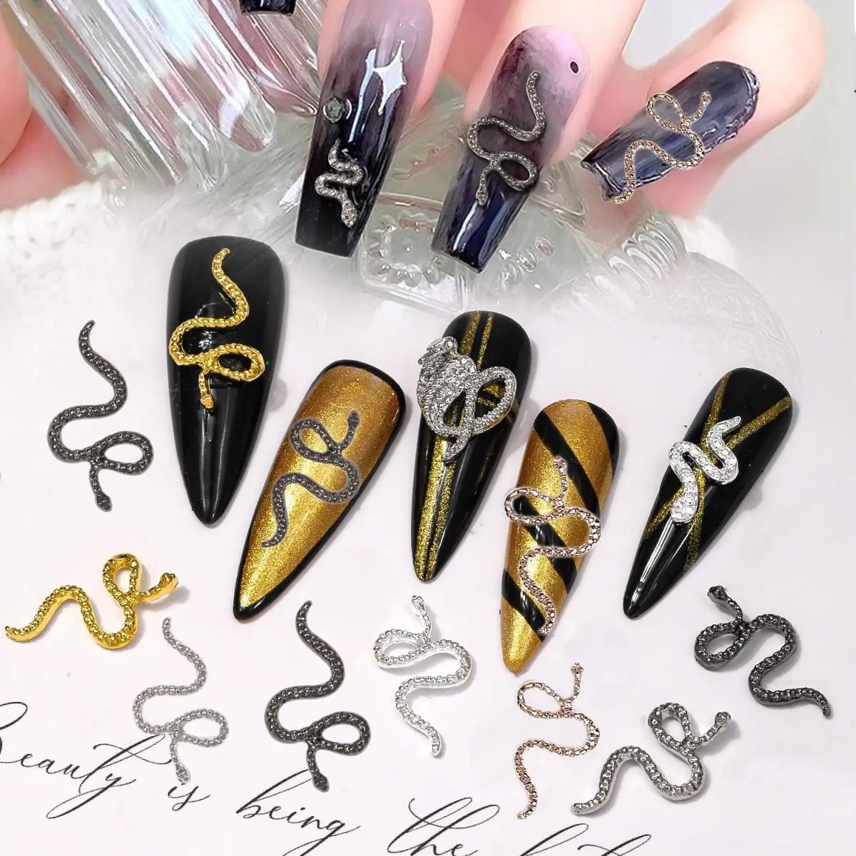 10PCS 3D Minimalist Small Snake Alloy Nail Charms Retro Colorful Sparkling Snake Nail Art Decorations for DIY Nails Accessories