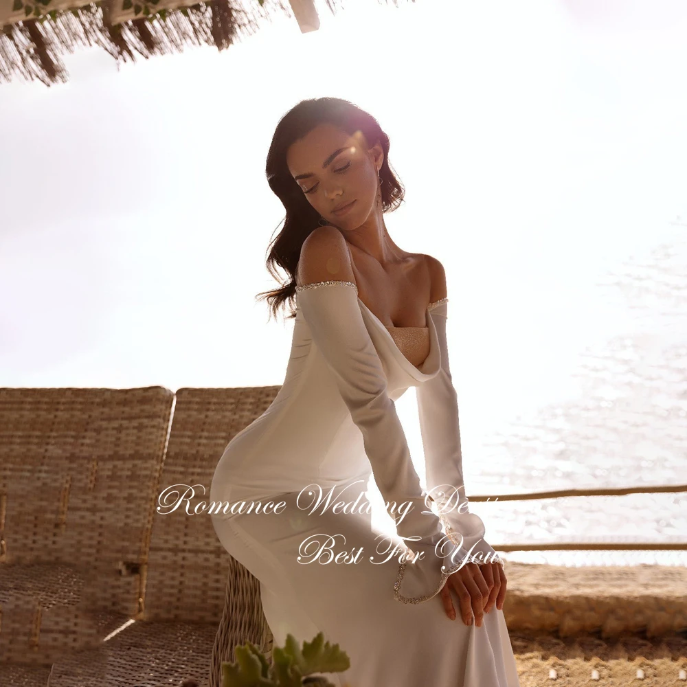 Simple Pleat Boat-Neck Mermaid Wedding Dress Women 2025 Beading Long Sleeves Open Back Bridal Gown Vestidos De Novia Customized