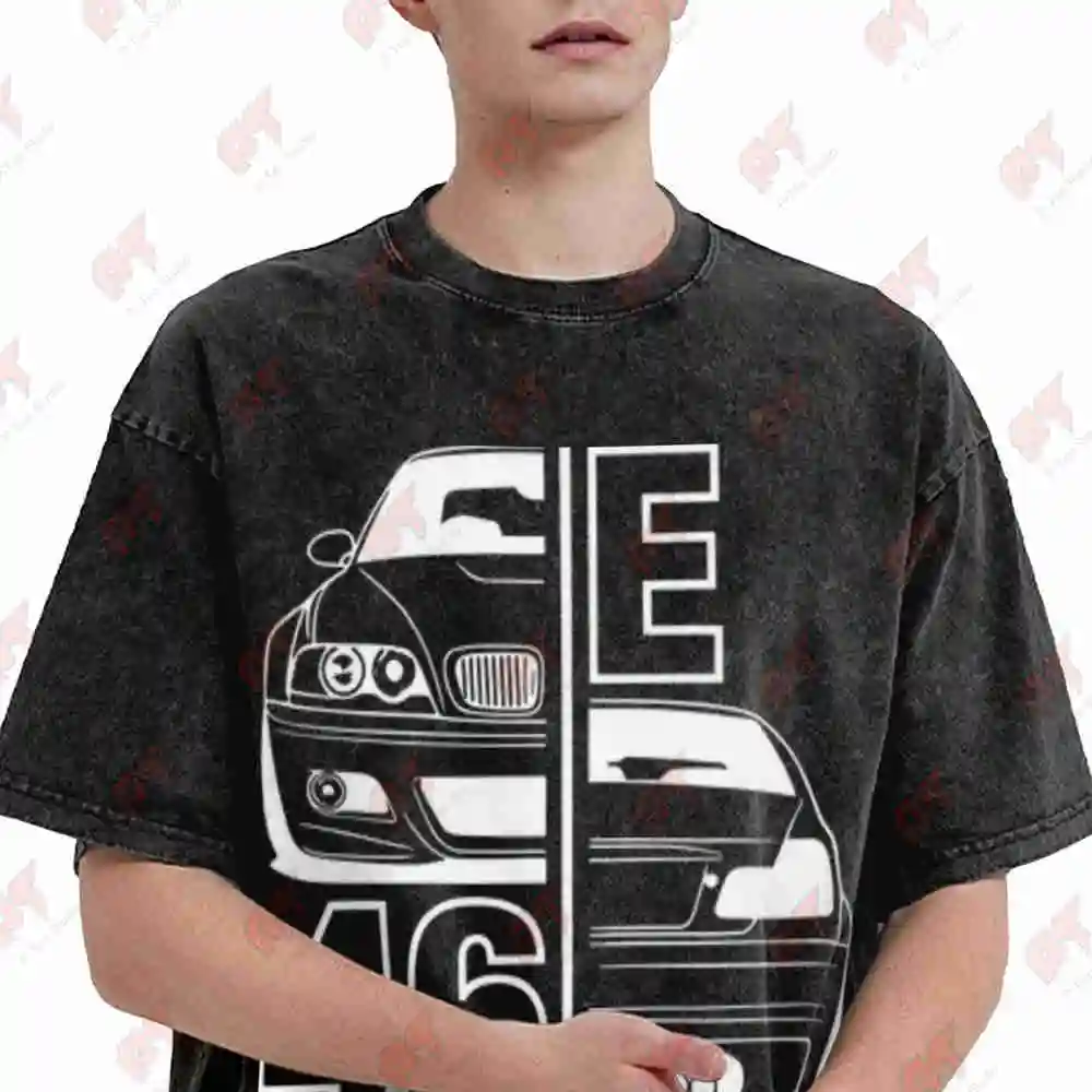 E46 Split Design Back Print Vintage Washed Tee Pure Cotton T-Shirt