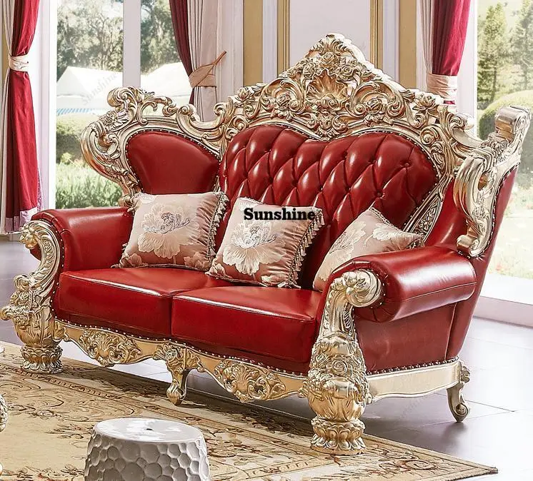 

European Living Room Sofa Furniture Set Classic Royal Carved Solid Wood Frame Leather 1 2 3 Seater Sectional Wedding Sofa
