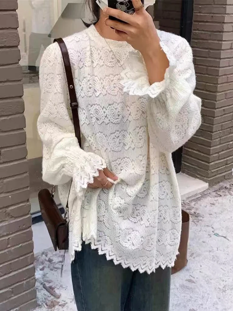 

French Fleece Lace Pullover Women Korean Chic Loose Long Sleeve Ladies Sweater Y2K Solid Elegant Hollow Out O Neck White Tops