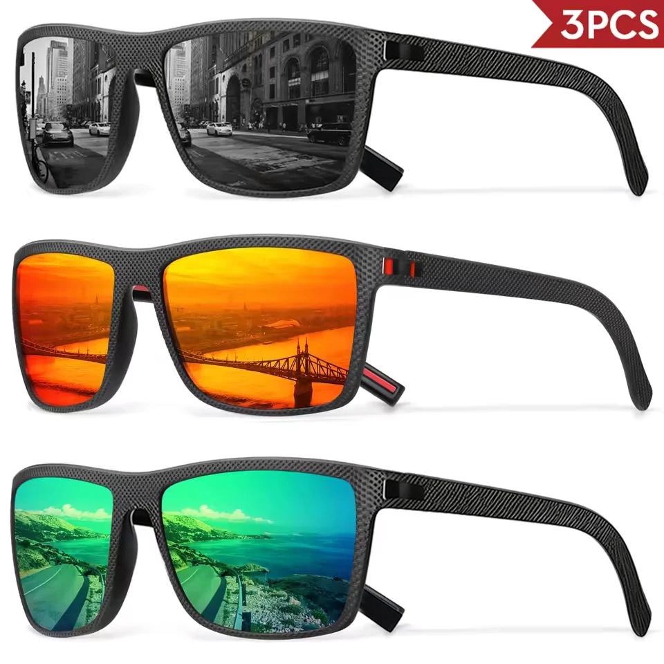 Herren Vintage Sonnenbrillen 3er-Pack Outdoor Radfahren Fahren Schutzbrillen HD-Gläser Blendschutz Mehrfarbig Tag- und Nachtnutzung Set