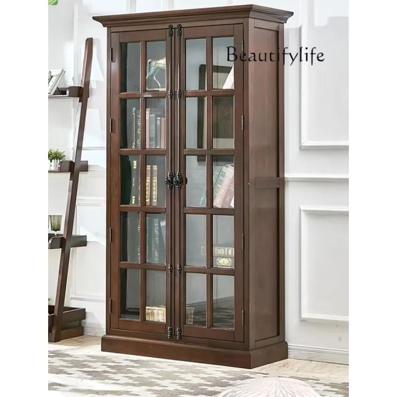 Retro Solid Wood Bookcase Study Shelf Combination Double Door Glass With Lock Office Bookcase Standing Cabinet X