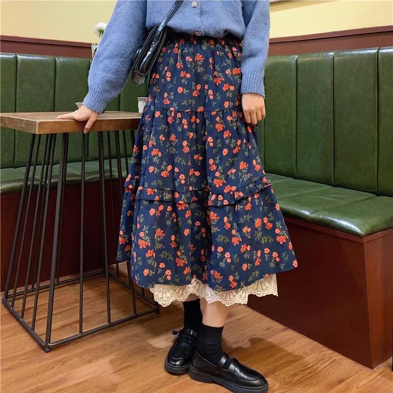 

Новые весенние женские юбки, винтажные кружевные тюлевые юбки с цветочным принтом для женщин, плиссированные длинные юбки трапециевидной формы с высокой талией, женская одежда ZT633
