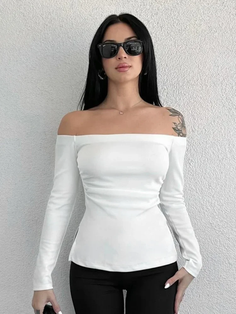 

Off Shoulder Feminist Shirt For Women Streetwear Long Sleeve Solid White Crop Top Slim Fit Camisetas Ropa De Mujer Y2k Clothes