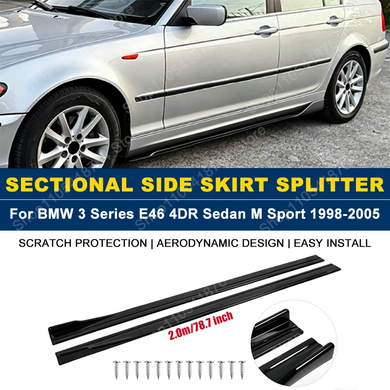 2M/78.7" Side Skirts Extension Rocker Panel Splitter For BMW 3 Series E46 4DR Sedan M Sport 1998-2005 1999 2000 2001 ABS Plastic