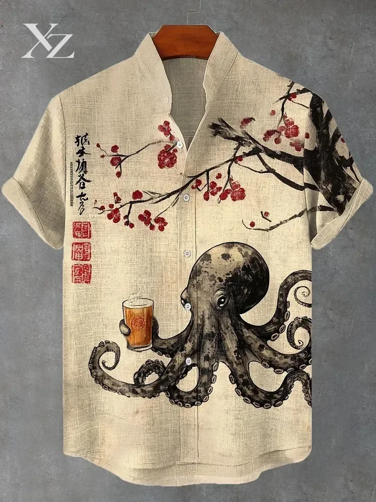 Men's Casual Shirt Octopus Drinking Tea Under Cherry Tree Japanese Art Print Vintage Harajuku Holiday Outerwear Blouse
