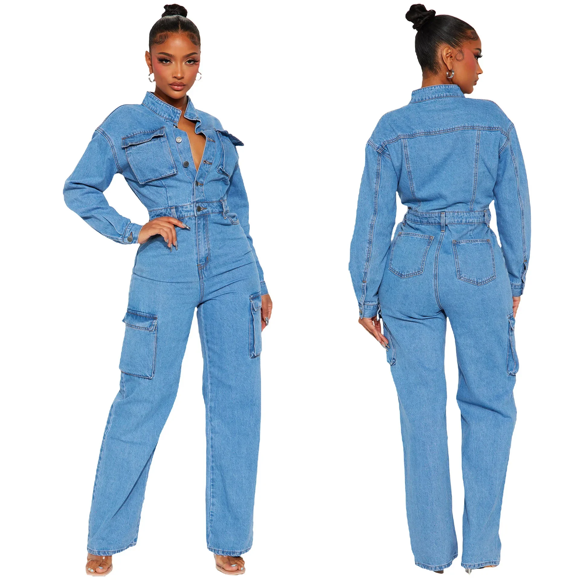 

Stretch Accordion Pocket Washed Denim Jumpsuit Bodysuit Flared Pants Overalls Jump Suits for Women