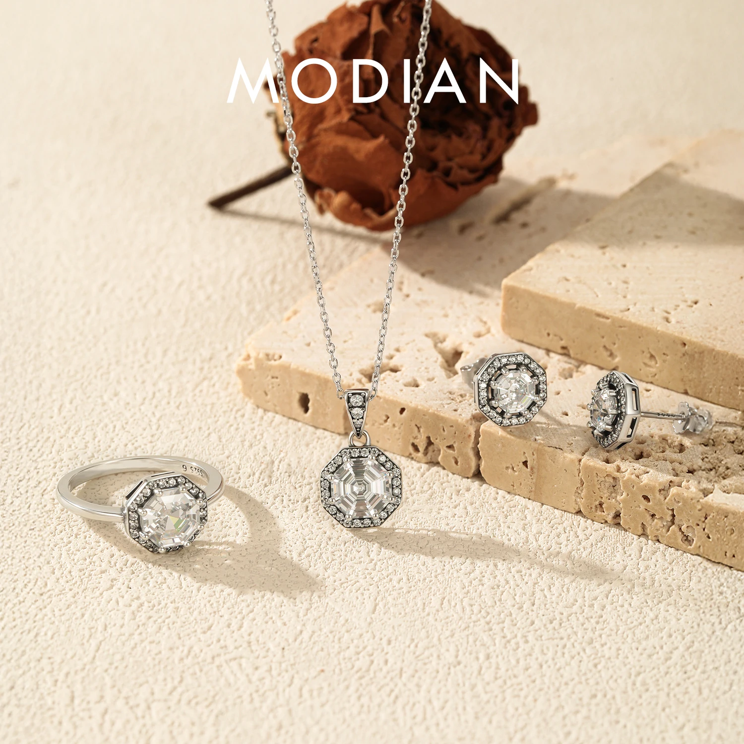 MODIAN 925 Sterling Silver Octagon Zirconia Party Jewelry Set Vintage Classic Rings & Stud Earrings & Pendant Necklace For Women