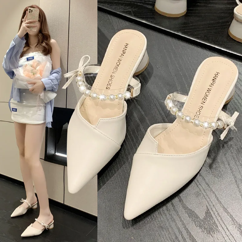 Fashion Baotou Half Slippers sandals Female Summer Outdoor Pearl Pointed Thick Heel High Heels Slippers Chaussure Femme