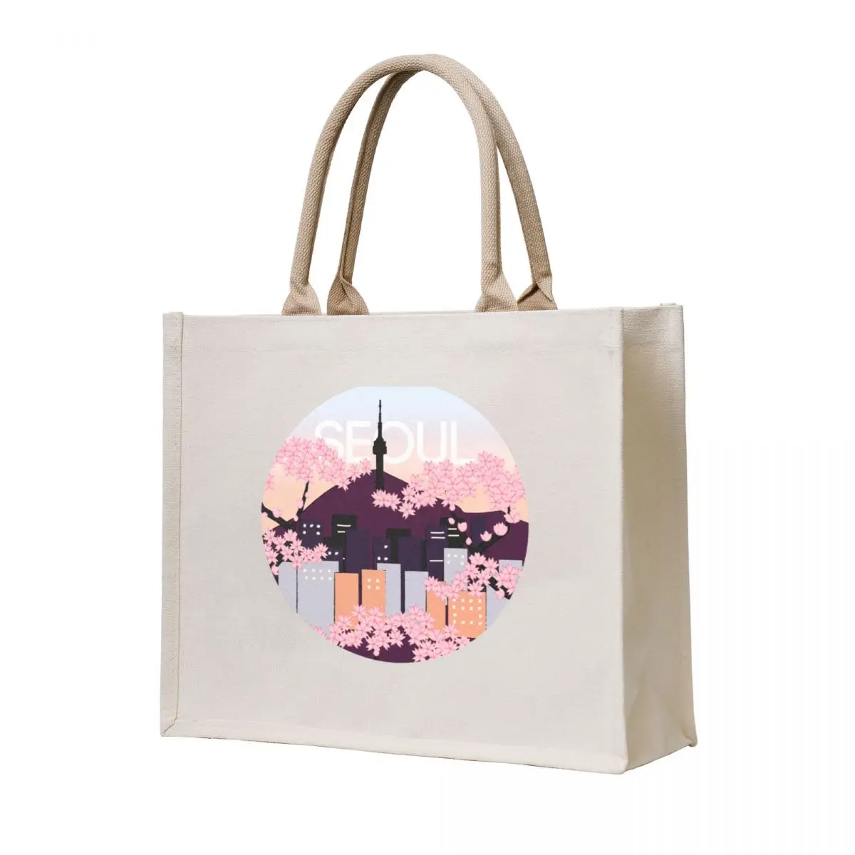 

Seoul Tower With Woodblock Style Cherry Blossoms South Korea Tote Bag personalized tote bag Shopping bags large size bags