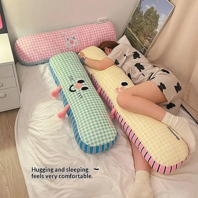 Cartoon Print Long Grid Plush Pillow Soft Side Sleeper Leg Clamp Cushion For Bedroom Bed Rest Decor Use