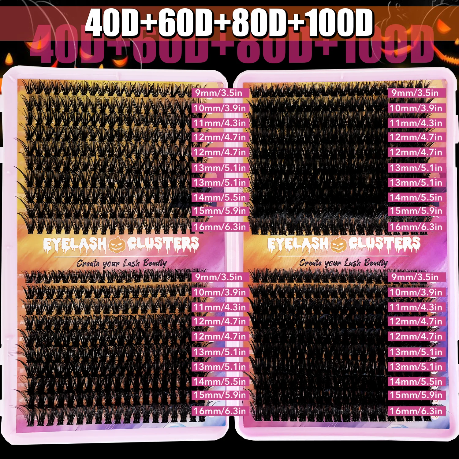 Zestaw do przedłużania rzęs DIY na Halloween, 800/320 kępek, 9-16mm, mieszanka górnych rzęs, 40D-100D z klejem, pędzelkiem, pęsetą i narzędziami.