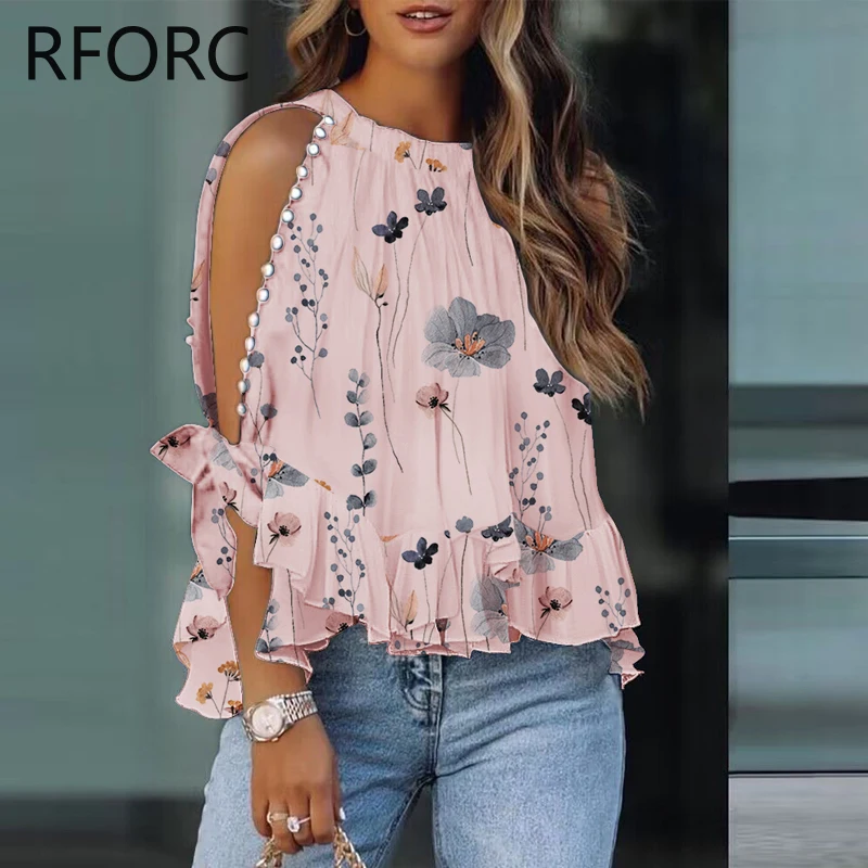 2024 Women Ruffle Hem Long Sleeves Round Neck Allover Print Rhinestone Decor Sleeves Vacation Blouse Top