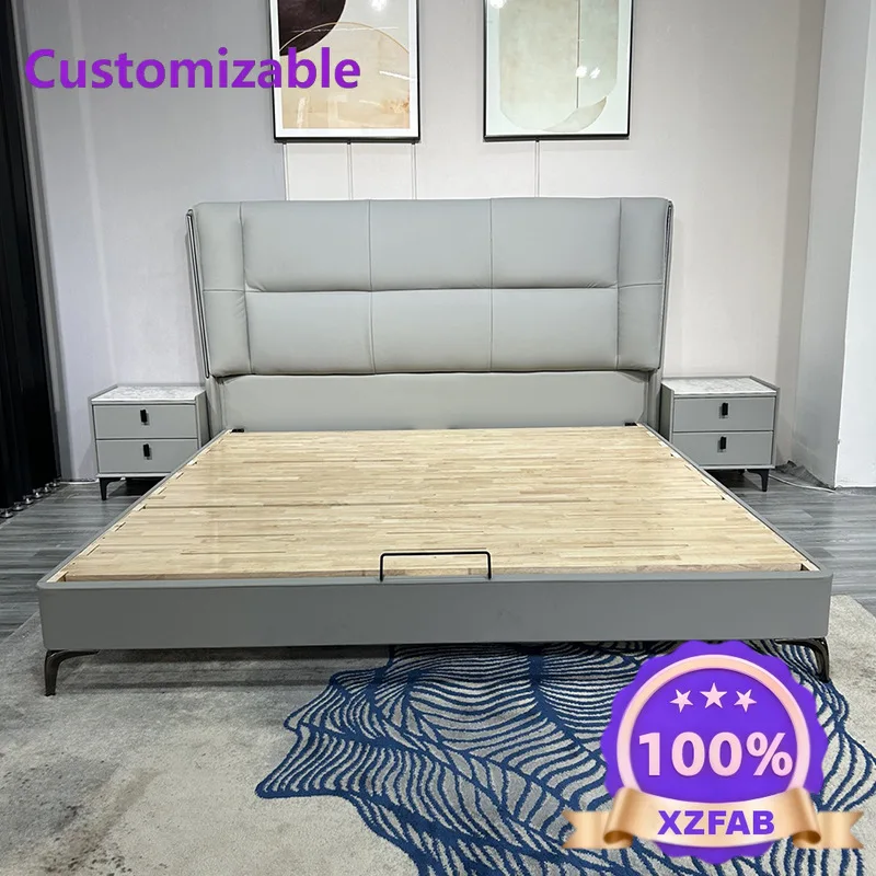 Factory Direct 2026 Brand Italian minimalist light luxury first-layer cowhide leather bed modern minimalist master bedroom soft