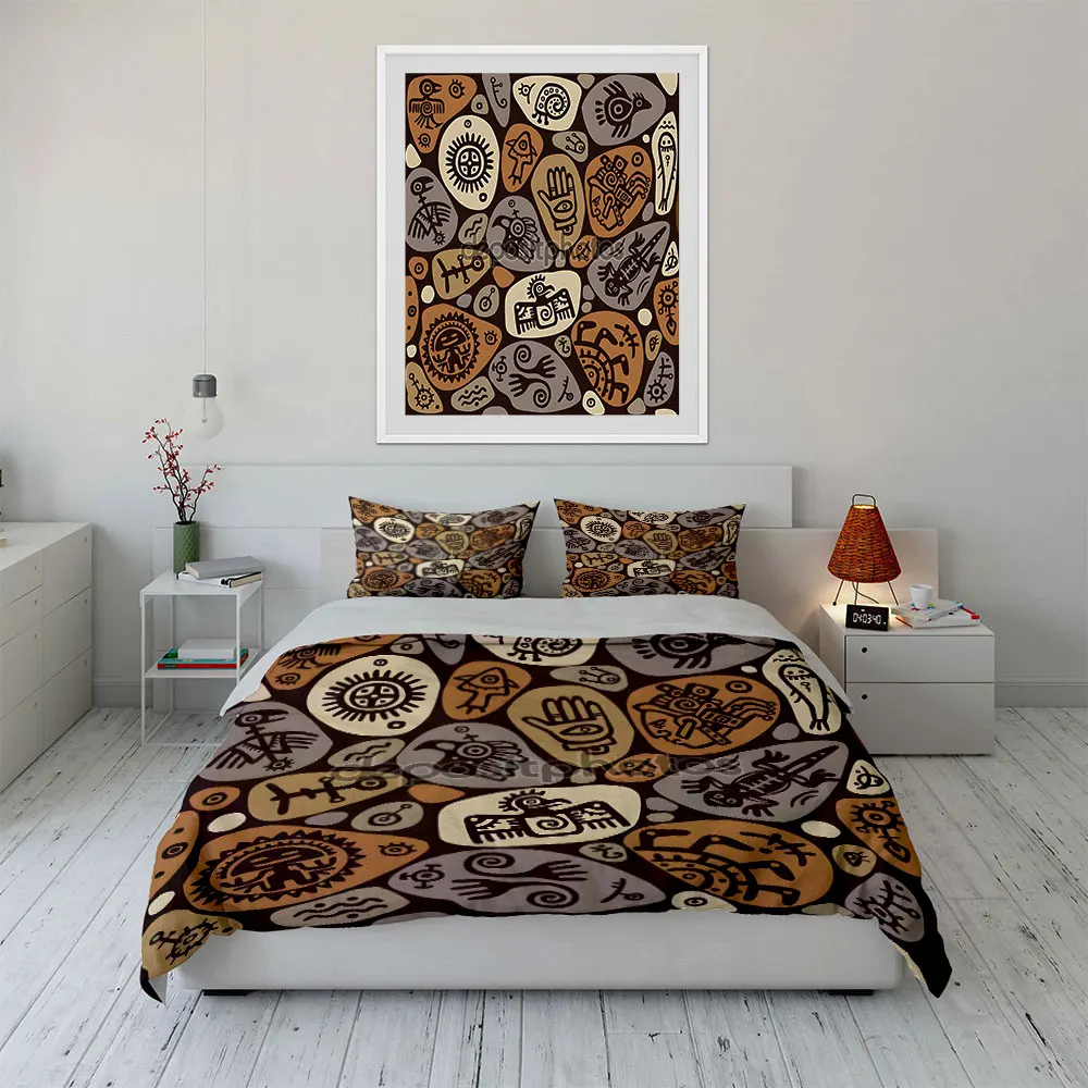 Tribal Pictograph Art Patterns Bedding Set for Kids Luxury Gift 3pcs Digital Print Comforter Set Soft Comfortable Breathable