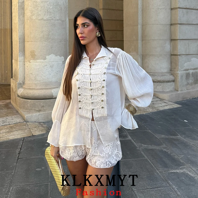 KLKXMYT Women's Fashion Rope Knot Buckle Shirt Flare Sleeve Translucent Shirts Romantic Style Elegant Blouse Top