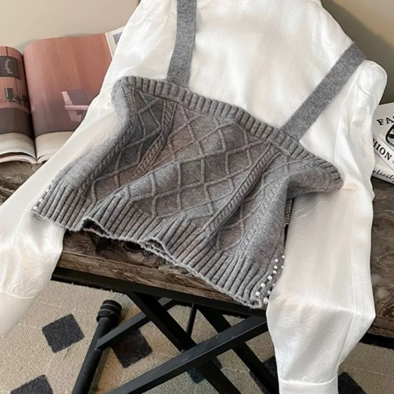Spliced Ruffled Shirt Woman Playful Age-reducing Temperament Casual New Bow Vest Fake Two Heavy Work Pearl Knitted Suspender Top