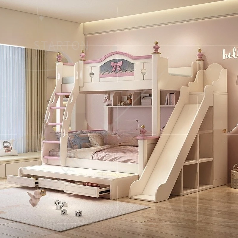 For Children's Bed on And Off Bed Girl Princess Bed High and Low Bunk Wooden Other with Slide Pink Multifunctiona