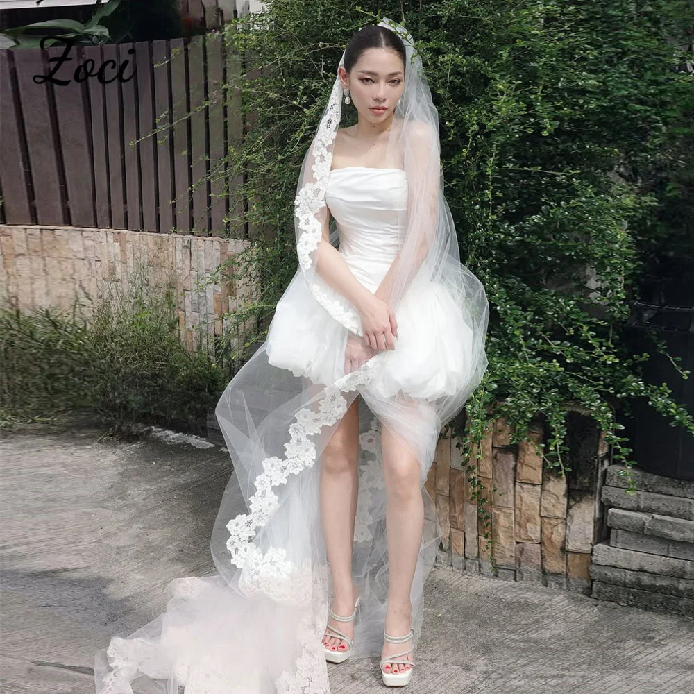 Zoci Elegante Strapless Taffeta Korte Mini Koreaanse Trouwjurken Gedrapeerd Colorado Pwerna Tethoi Sukhoi Bruid Foto's Schieten Bruidsjurken Op Maat