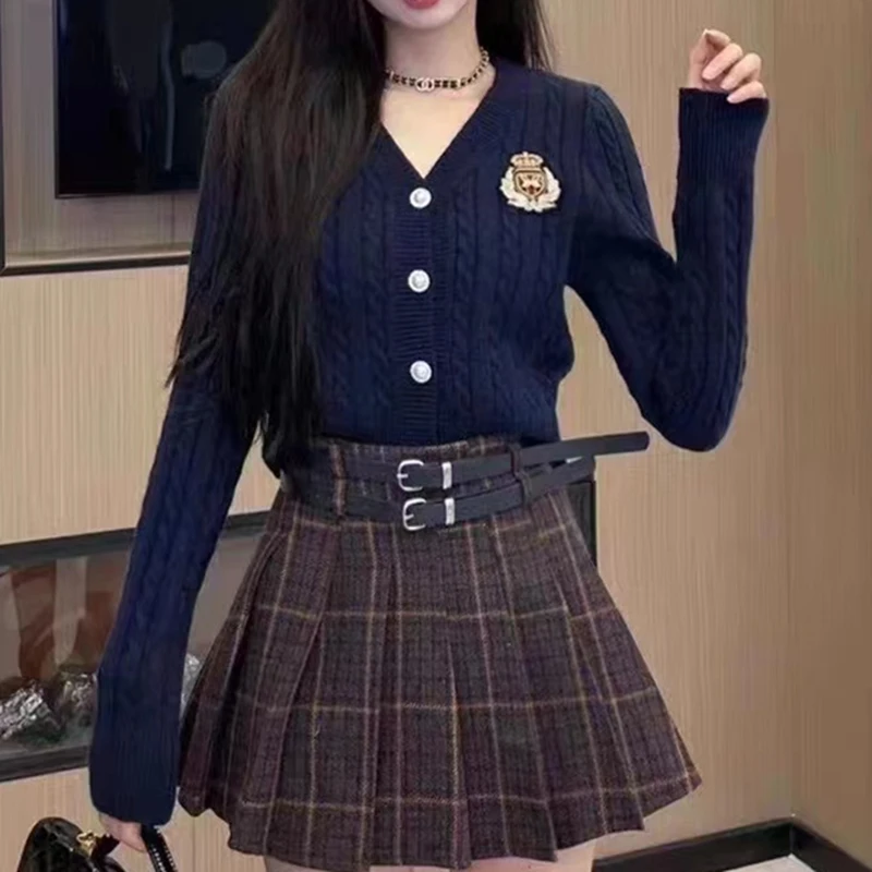 

Американский модный вязаный кардиган с длинными рукавами, V-образным вырезом и одной пуговицей, осенне-зимний женский свитер